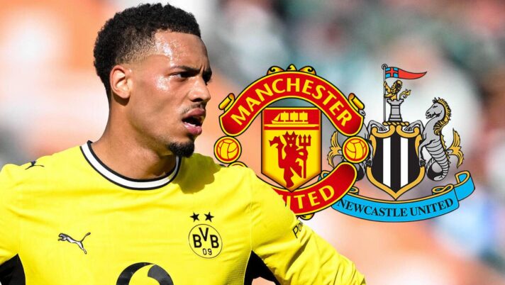 Borussia Dortmund star Felix Nmecha with Man Utd and Newcastle badges