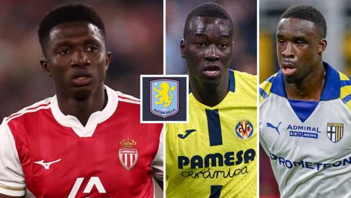 Monaco's Lamine Camara, Pape Gueye of Villarreal and Mandela Keita of Parma are linked with Aston Villa with the trio seen here next to the Aston Villa badge