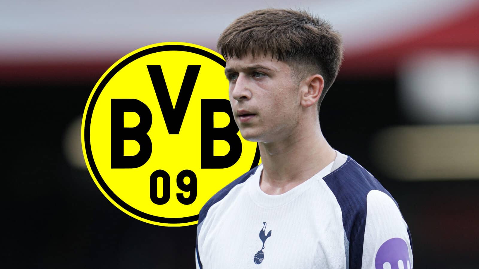 Tottenham Hotspur star Mikey Moore next to the Borussia Dortmund badge