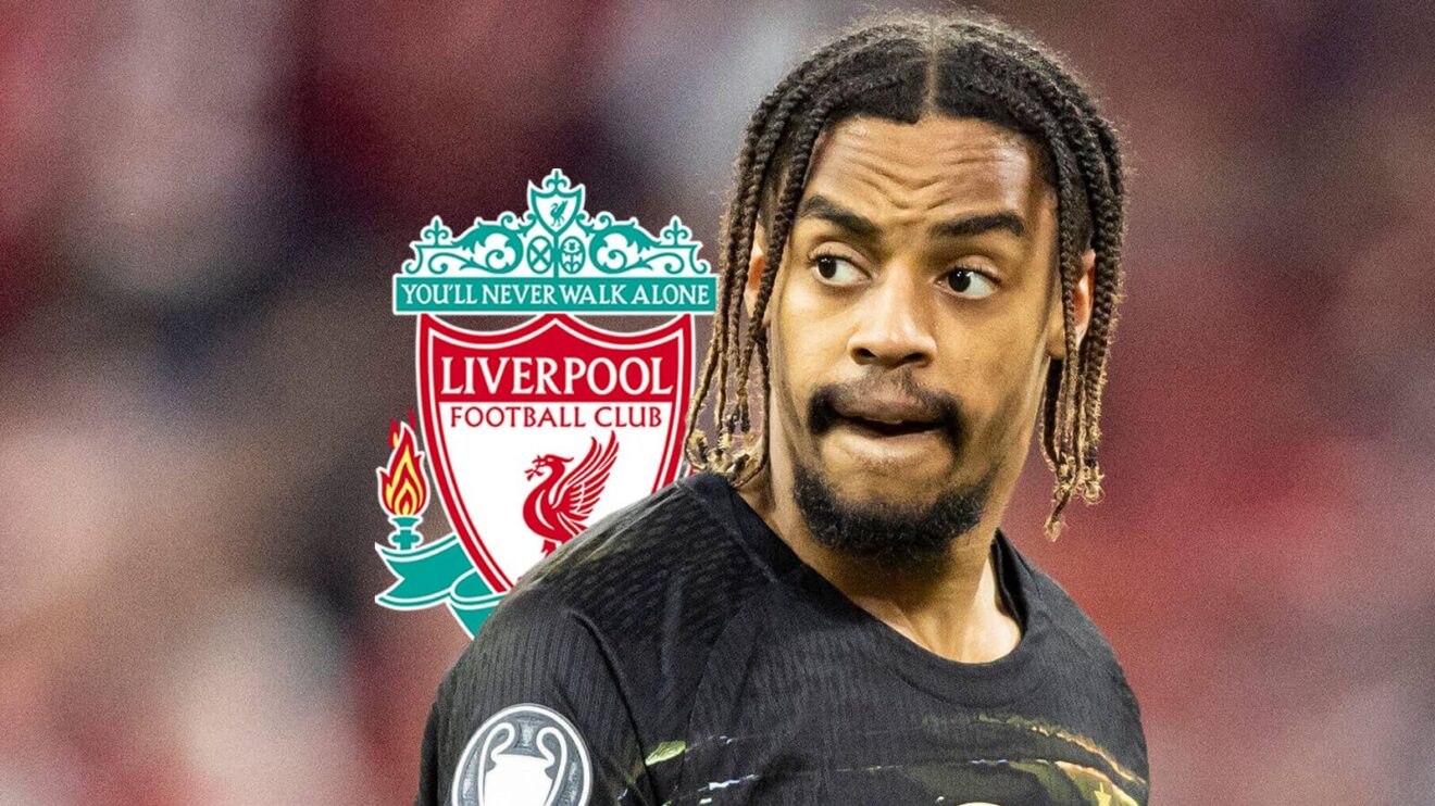 PSG star Bradley Barcola next to the Liverpool badge