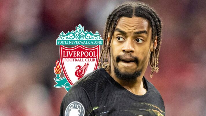 PSG star Bradley Barcola next to the Liverpool badge