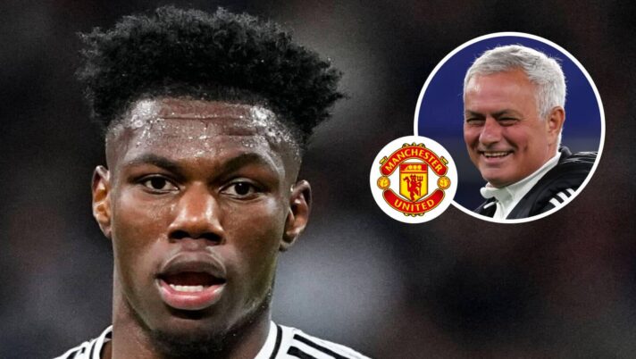 Real Madrid midfielder Aurelien Tchouameni, Manchester United badge and Jose Mourinho - copyright TEAMtalk