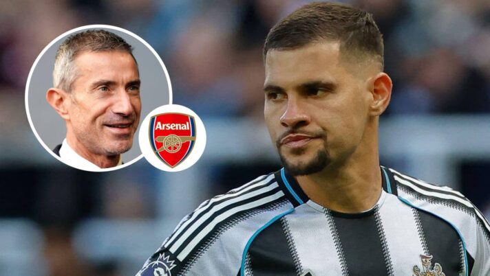 Arsenal sporting director Andrea Berta, Arsenal badge and Newcastle United midfielder Bruno Guimaraes - copyright TEAMtalk