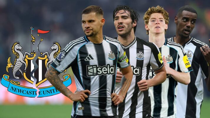 Bruno Guimaraes, Sandro Tonali, Anthony Gordon and Alexander Isak next to a cracked Newcastle United badge
