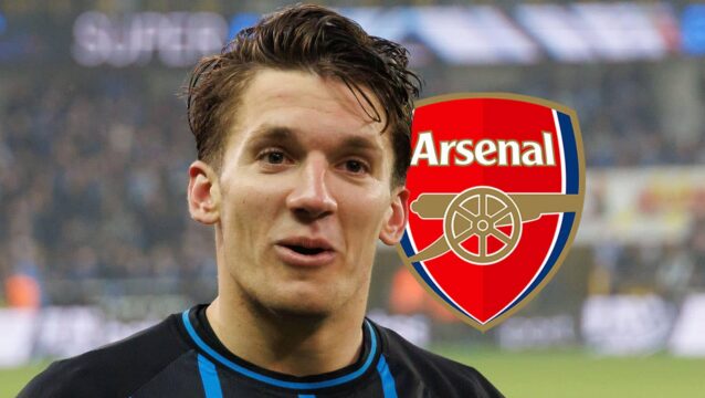 Christos Tzolis with an Arsenal badge next to him - copyright TEAMtalk