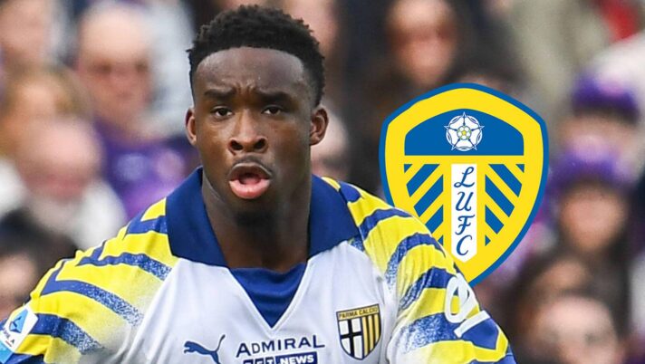 Parma midfielder Mandela Keita next to the Leeds United badge