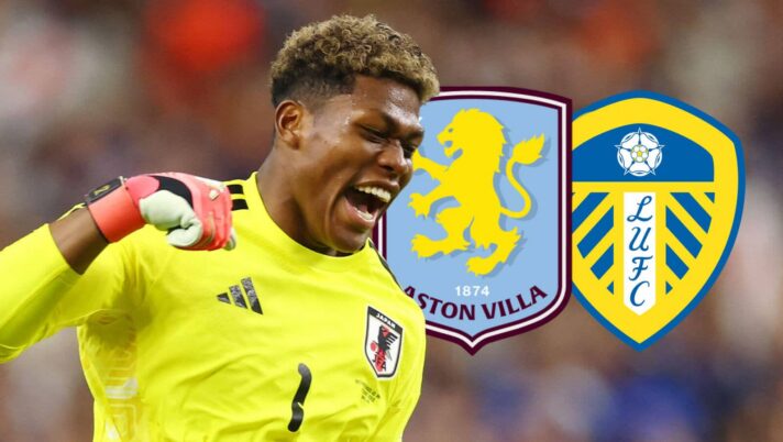 Zion Suzuki with Aston Villa and Leeds badges