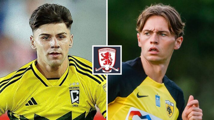 Max Arfsten and James Penrice with a Middlesbrough badge