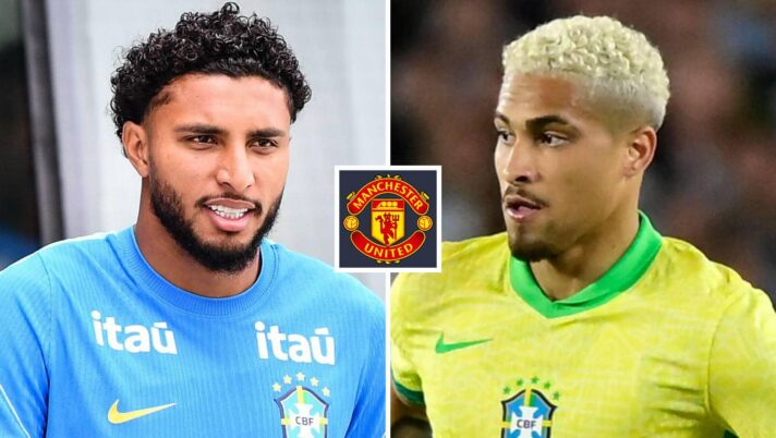 Manchester United targets Ederson and Joao Gomes next to the Manchester United badge