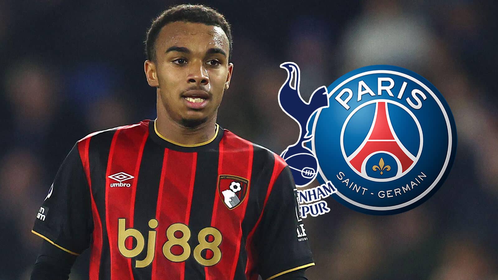 Bournemouth's Eli Junior Kroupi next to the badges of Tottenham Hotspur and PSG