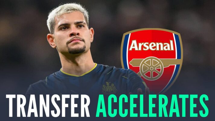 Newcastle star Bruno Guimaraes next to the Arsenal badge and the words 'transfer accelerates'