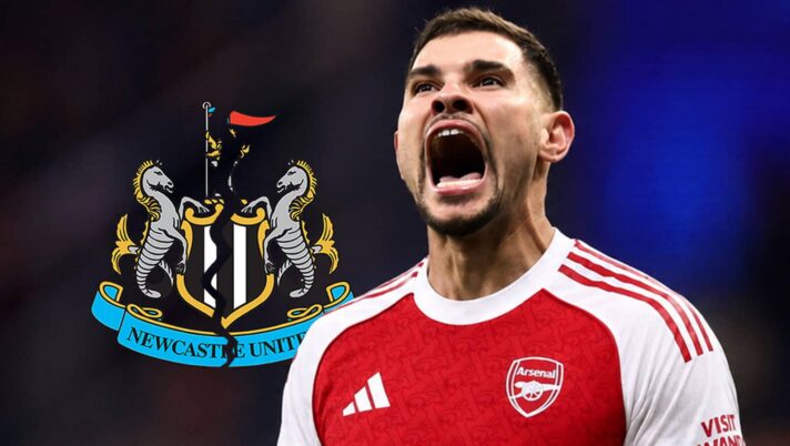 Bruno Guimaraes with an Arsenal shirt Photoshopped on him and next to a cracked Newcastle United badge