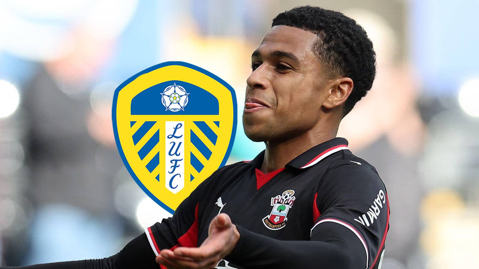 Southampton midfielder Shea Charles next to the Leeds United badge