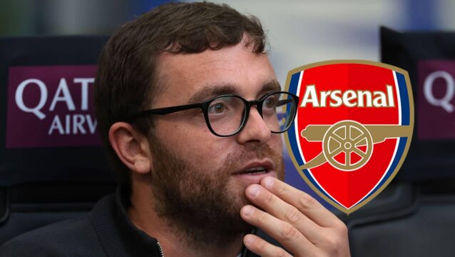 Transfer guru Fabrizio Romano next to the Arsenal badge - copyright F365