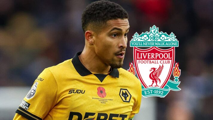 Wolves midfielder Joao Gomes next to the Liverpool badge - copyright TEAMtalk