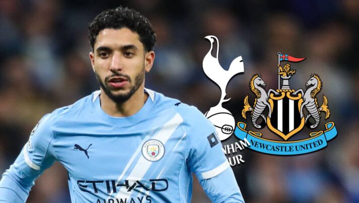 Man City star Omar Marmoush with Tottenham and Newcastle badges