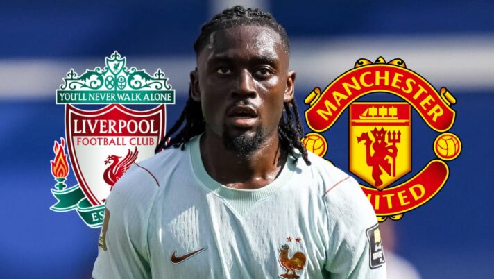 Manu Kone with Liverpool and Man Utd badges