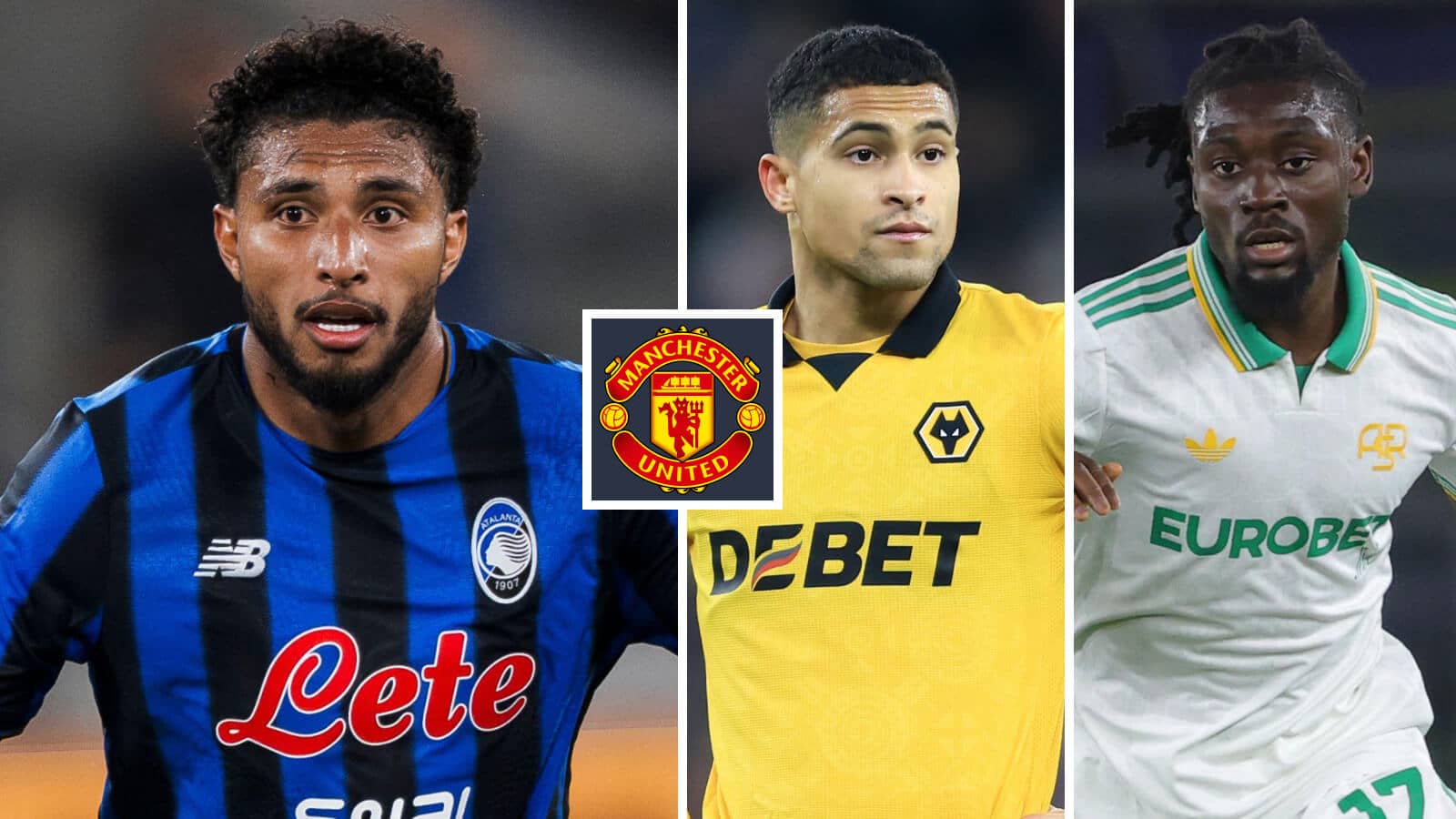 Atalanta star Ederson, Wolves' Joao Gomes and Roma's Manu Kone next to the Manchester United badge