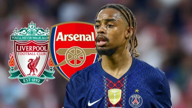 PSG star Bradley Barcola next to the badges of Liverpool and Arsenal