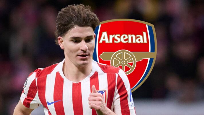 Atletico Madrid striker Julian Alvarez next to the Arsenal badge - copyright TEAMtalk