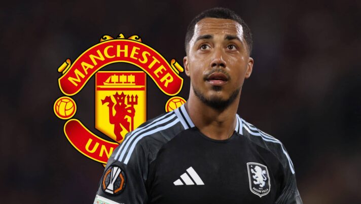 Aston Villa star Youri Tielemans next to the Manchester United badge