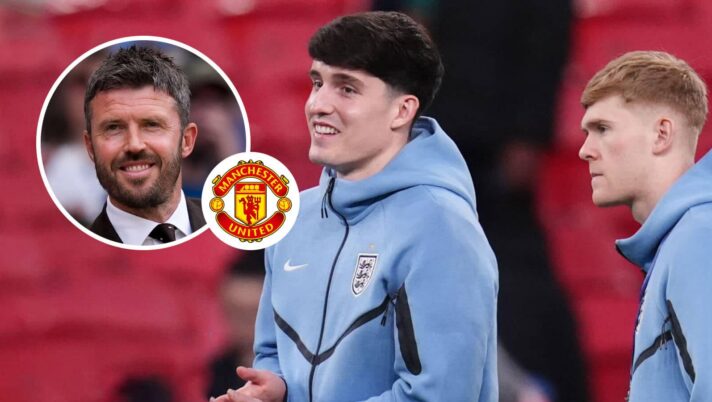 Manchester United boss Michael Carrick, inset, next to the club badge, remains keen to land Lewis Hall (right), seen here with Tino Livramento