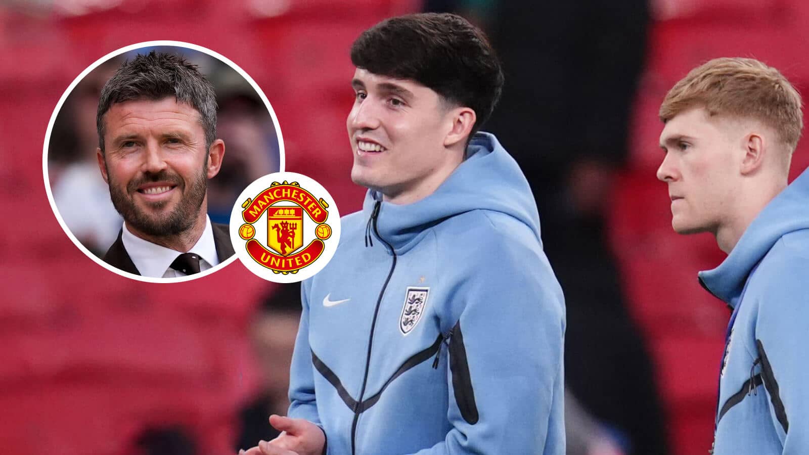 Manchester United boss Michael Carrick, inset, next to the club badge, remains keen to land Lewis Hall (right), seen here with Tino Livramento