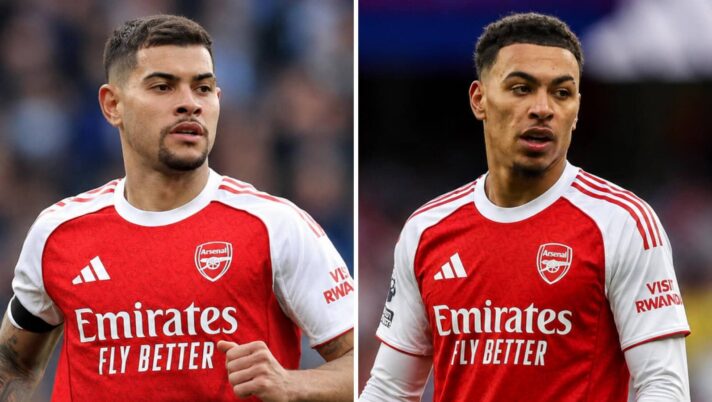 Newcastle midfielder Bruno Guimaraes and Morgan Rogers of Aston Villa both with an Arsenal shirt Photoshopped on them
