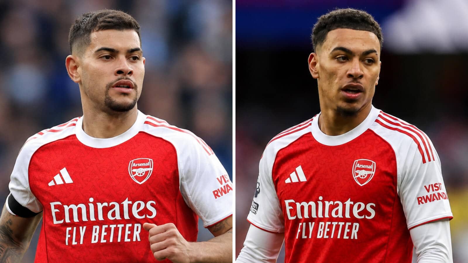 Newcastle midfielder Bruno Guimaraes and Morgan Rogers of Aston Villa both with an Arsenal shirt Photoshopped on them