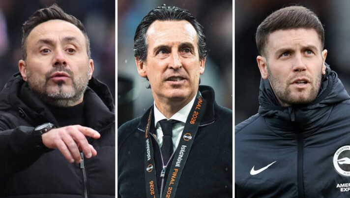 Tottenham Hotspur boss Roberto De Zerbi, Aston Villa manager Unai Emery and Brighton coach Fabian Hurzeler