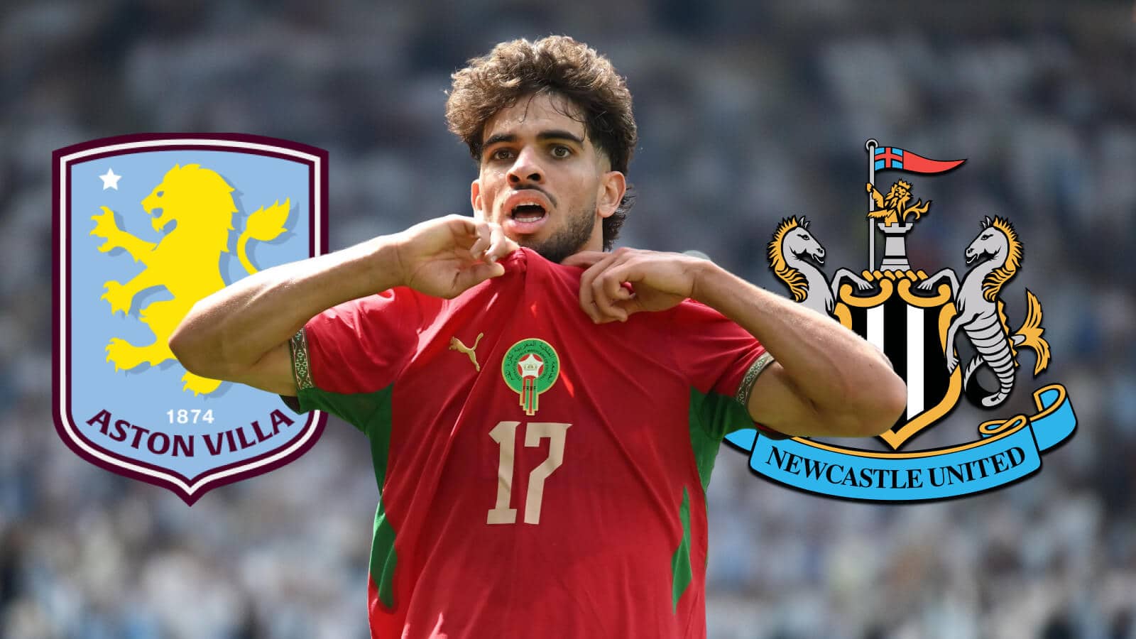Aston Villa badge, Abde Ezzalzouli and Newcastle United badge - copyright TEAMtalk