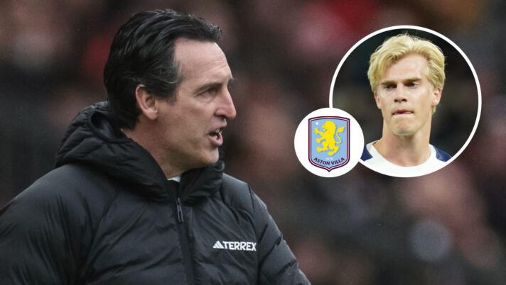 Unai Emery with Lucas Bergvall and Tottenham badge