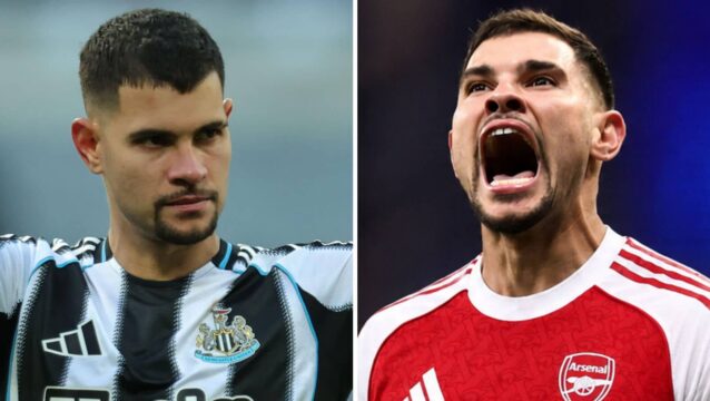 Newcastle United star Bruno Guimaraes seen next to himself but with an Arsenal shirt Photoshopped on him