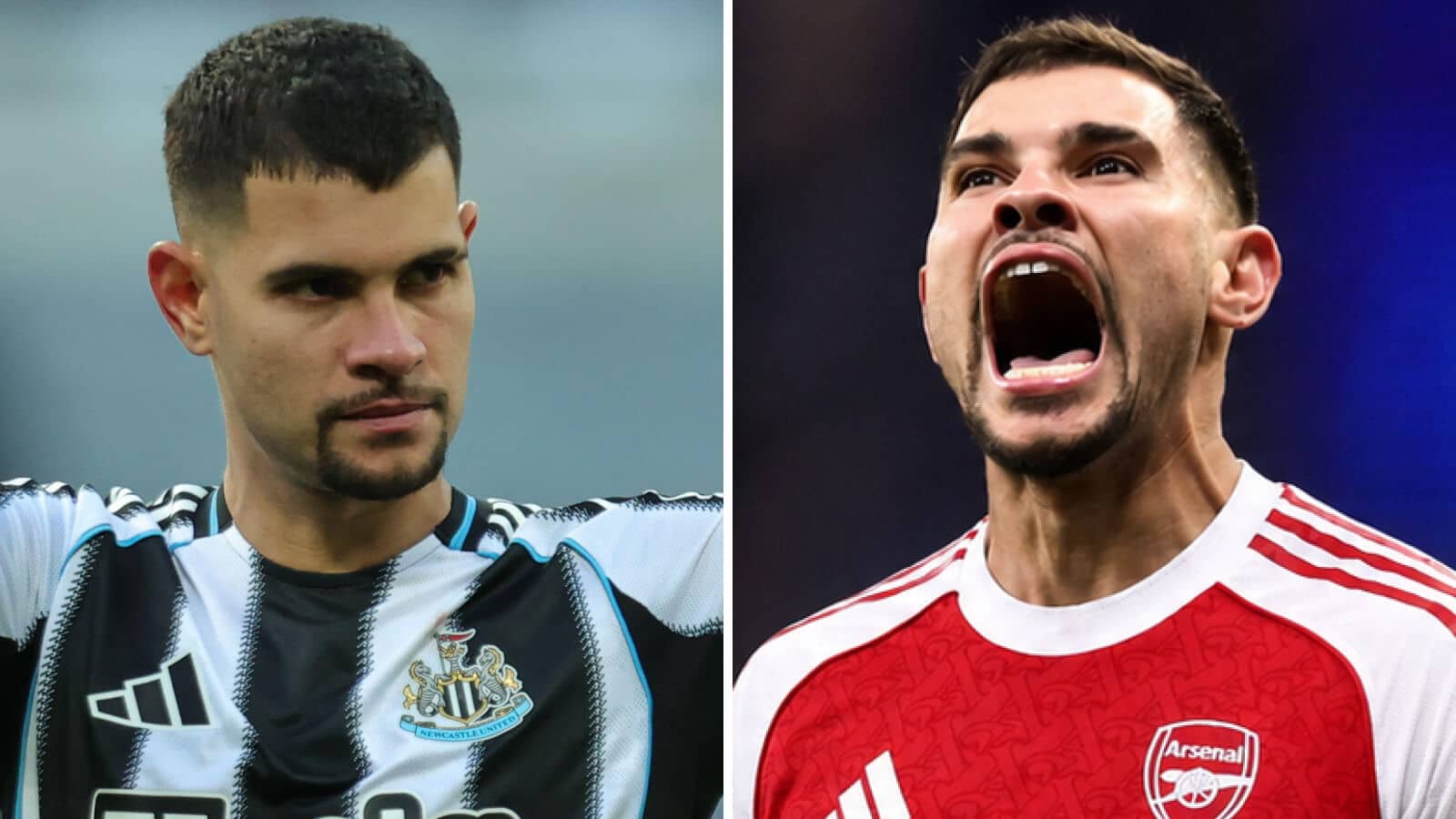 Newcastle United star Bruno Guimaraes seen next to himself but with an Arsenal shirt Photoshopped on him