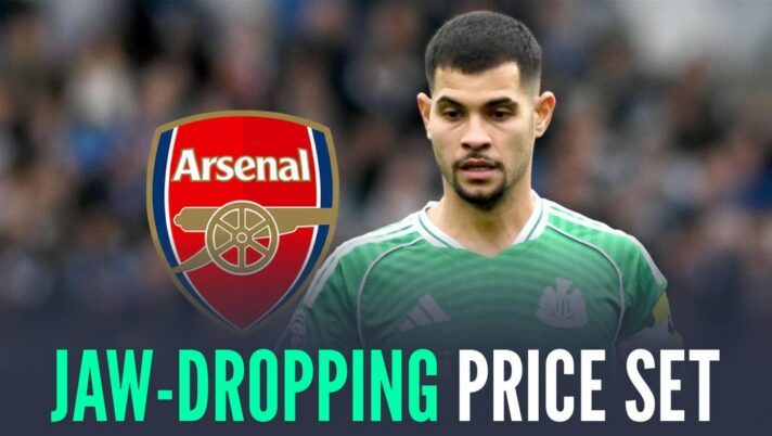 Newcastle United star Bruno Guimaraes next to the Arsenal badge and the words 'jaw-dropping price set'