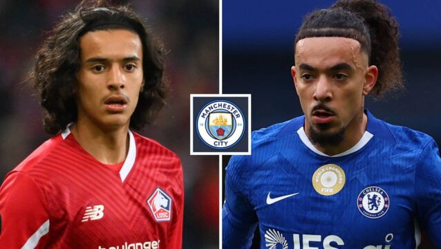 Lille star Ayyoub Bouaddi and Malo Gusto next to the Manchester City badge