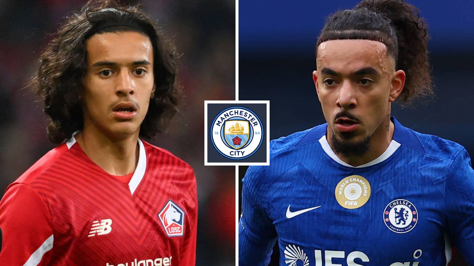 Lille star Ayyoub Bouaddi and Malo Gusto next to the Manchester City badge