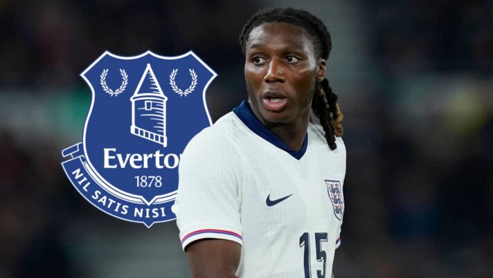 Brooke Norton-Cuffy with an Everton badge