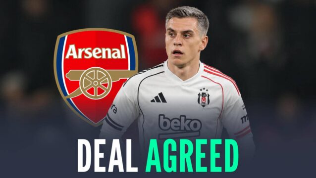 Leandro Trossard with a Besiktas shirt Photoshopped on him next to the Arsenal badge and the words 'deal agreed'