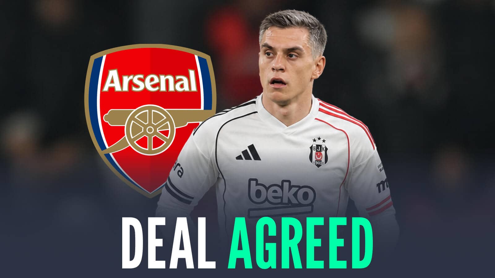 Leandro Trossard with a Besiktas shirt Photoshopped on him next to the Arsenal badge and the words 'deal agreed'