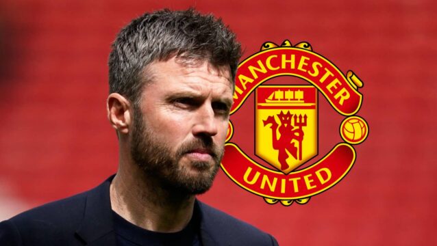 Manchester United boss Michael Carrick next to the club badge