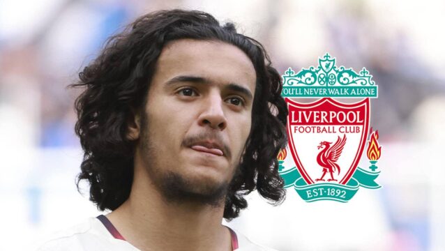 Lille star Ayyoub Bouaddi next to the Liverpool badge