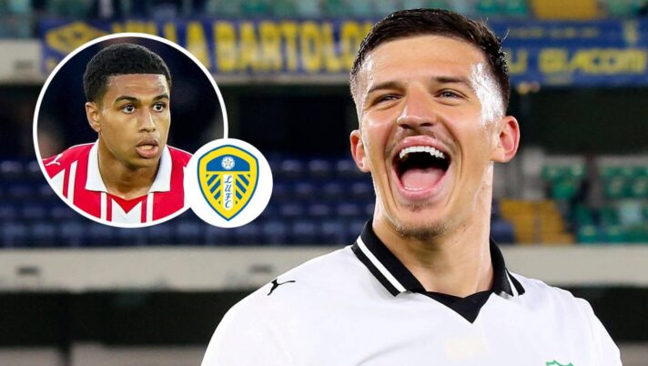 Leeds are on the cusp of agreeing a deal for Tarik Muharemovic and could soon add Shea Charles, inset, seen here next to the Leeds United badge