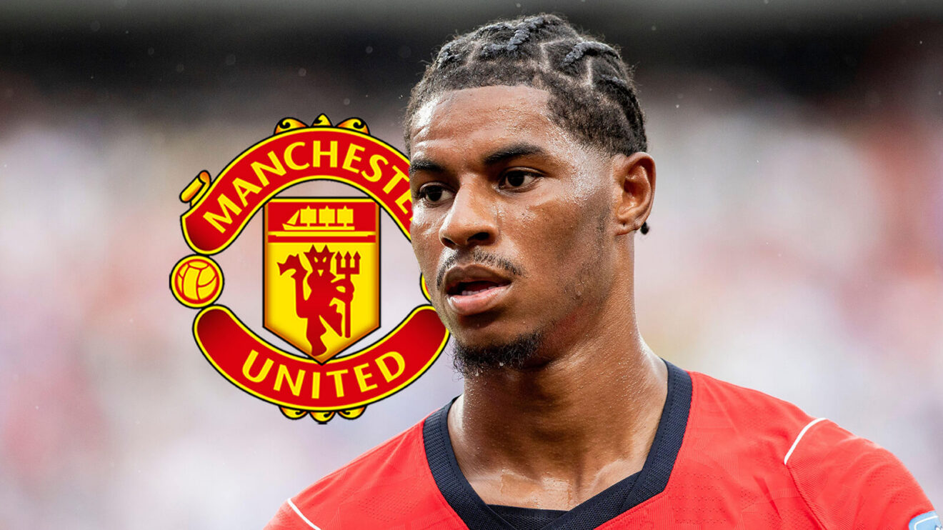 Man Utd forward Marcus Rashford next to the Manchester United badge - copyright TEAMtalk