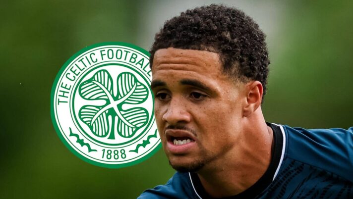 FC Utrecht winger Adrian Blake next to the Celtic badge
