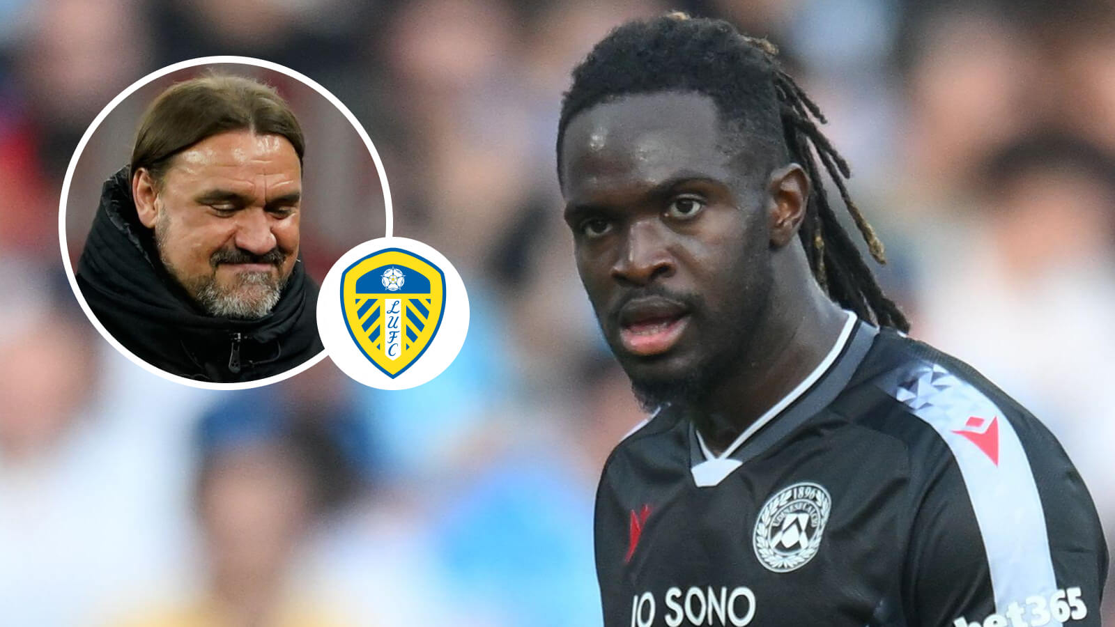 Daniel Farke (inset), with a Leeds United badge and transfer target Oumar Solet