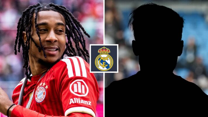 Split image of Bayern Munich winger Michael Olise and a shadow, with the Real Madrid badge in between - copyright TEAMtalk