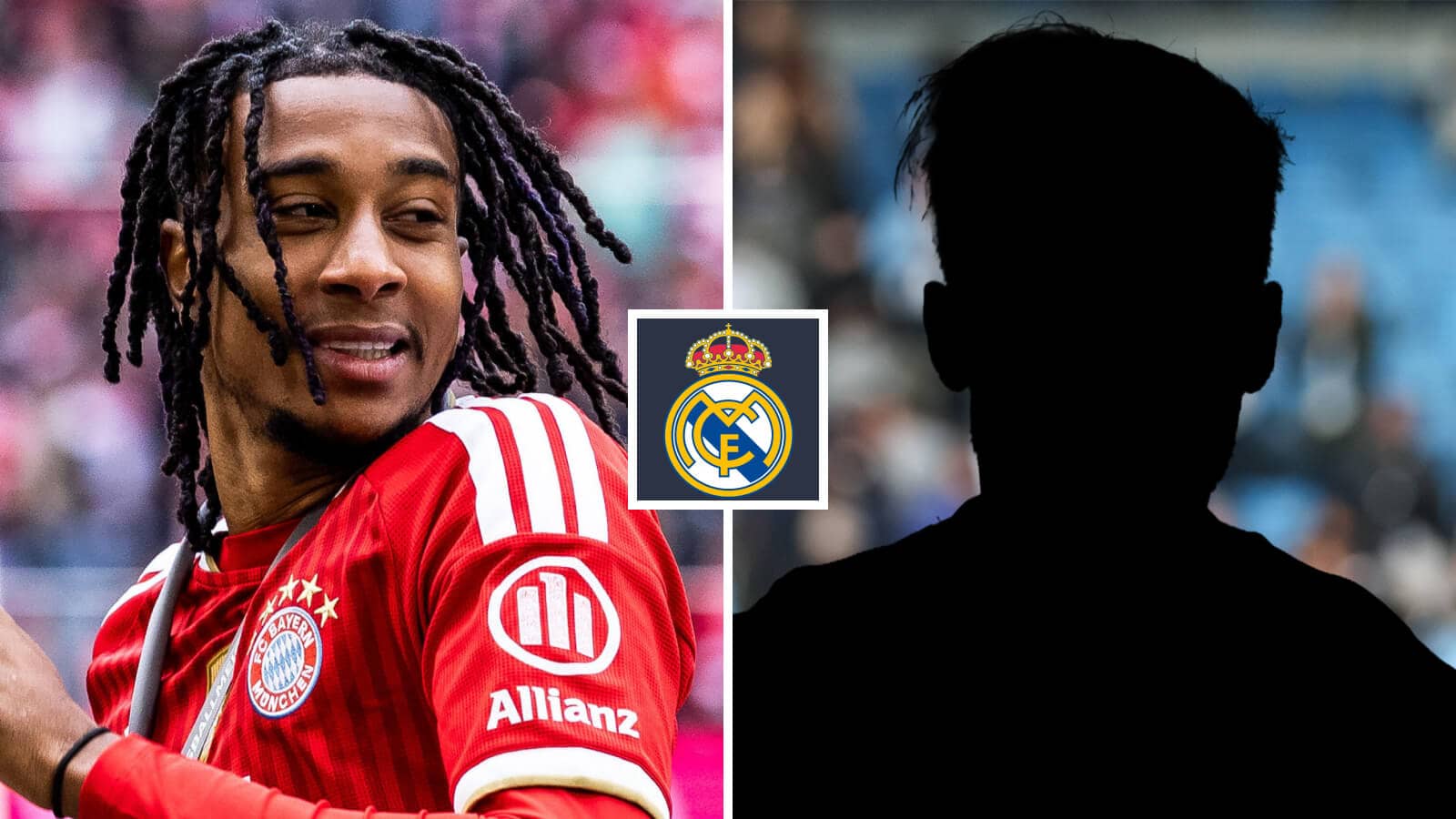 Split image of Bayern Munich winger Michael Olise and a shadow, with the Real Madrid badge in between - copyright TEAMtalk