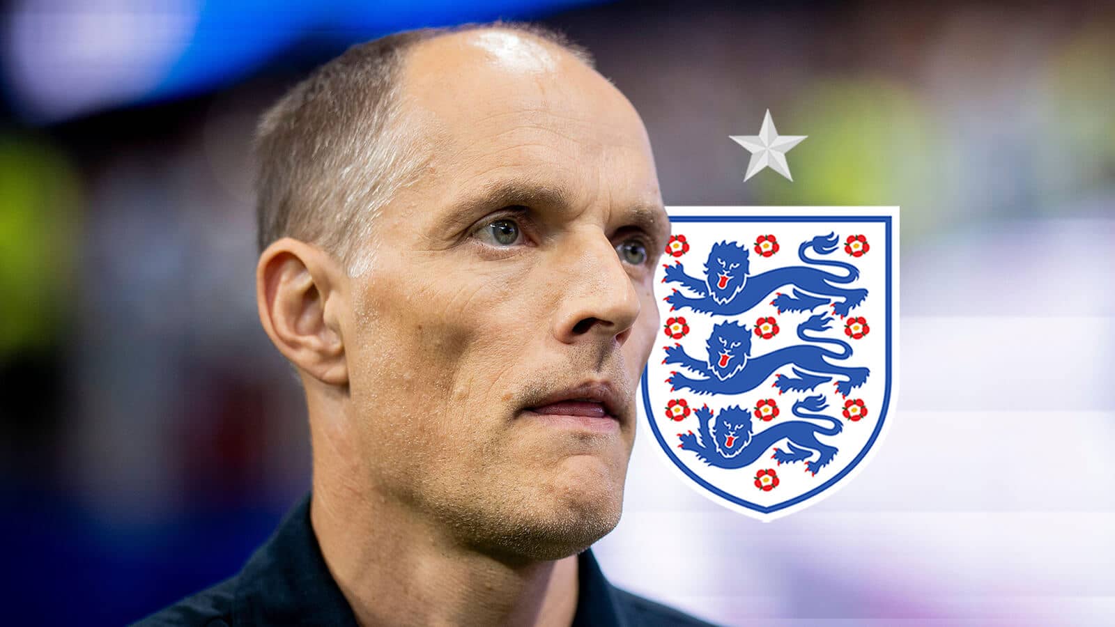 England boss Thomas Tuchel next to the England badge