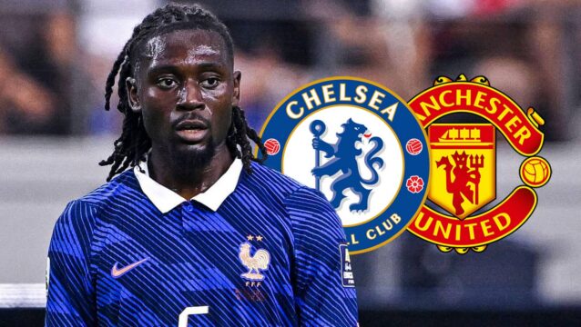 Manu Kone with Chelsea and Man Utd badges